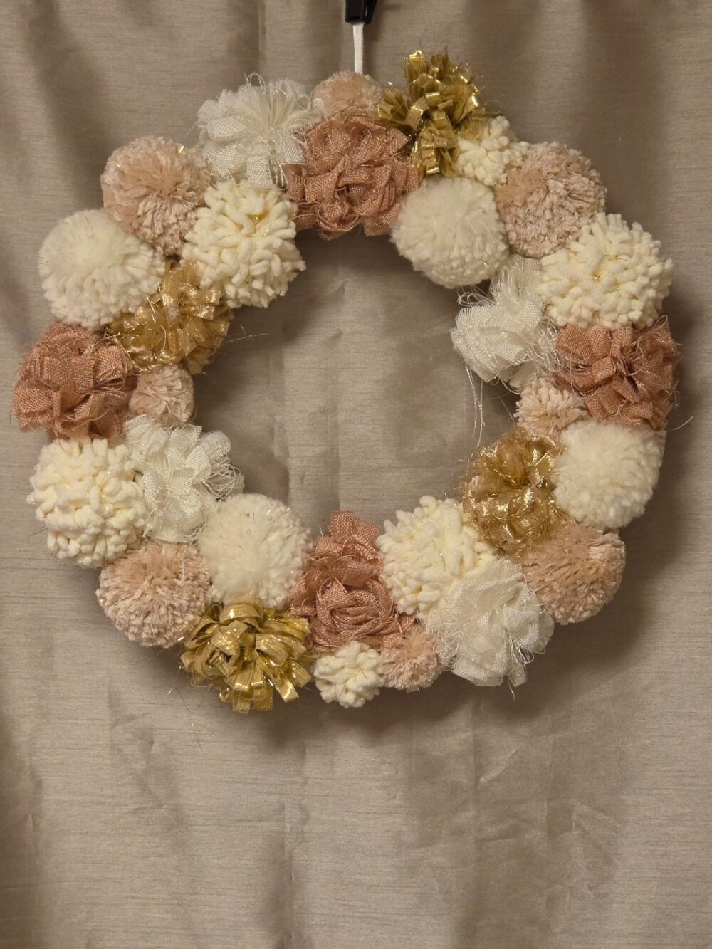 Decorative 18" Handmade Pom Pom Door Wreath Holiday, Peach, White/ Cream & Gold
